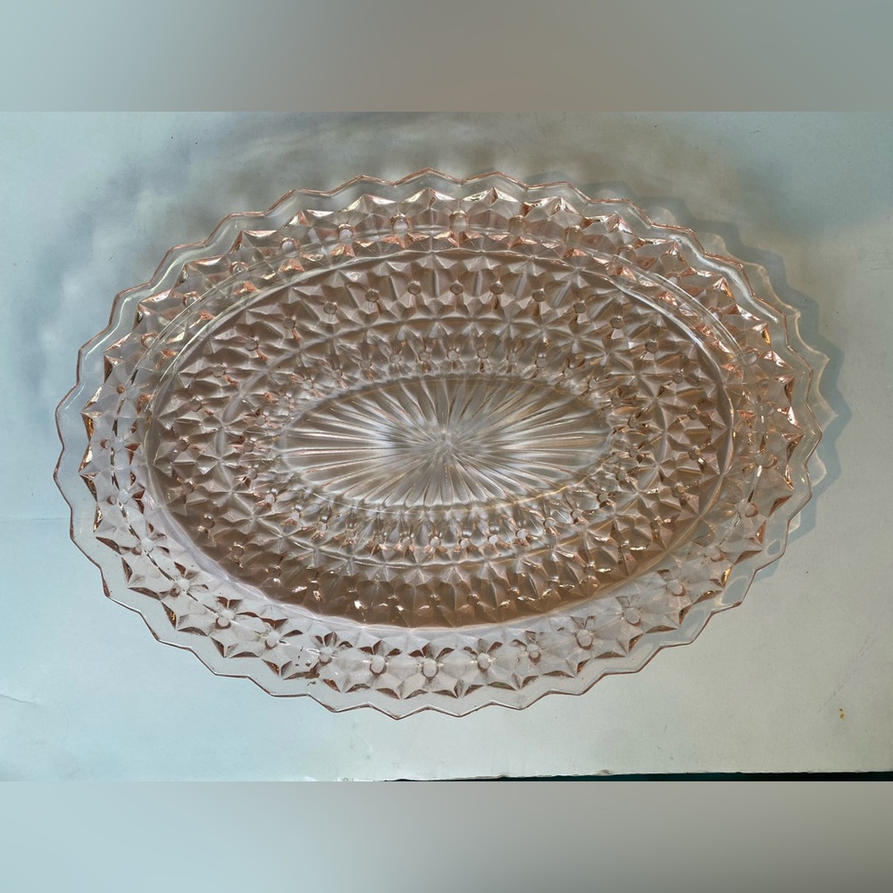 Vintage Jeanette Glass Holiday Buttons & Bows Pink Depression Glass Oval Platter